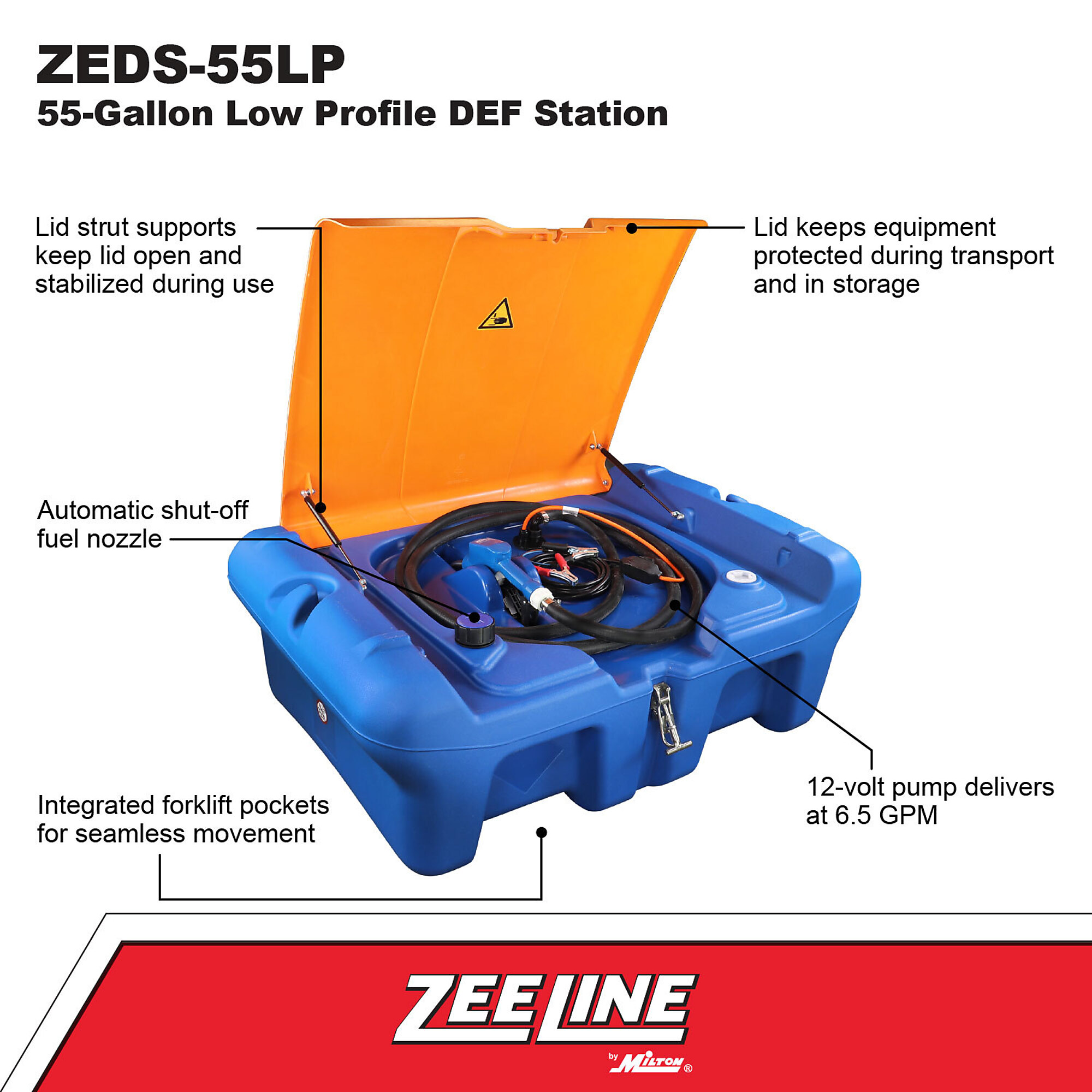 Zee Line Low-Profile Portable DEF Tank — 55-Gallon, 12V DEF Pump, 6.5 GPM, Forklift Pockets, 13ft. Hose/Nozzle, Model# ZEDS-55LP